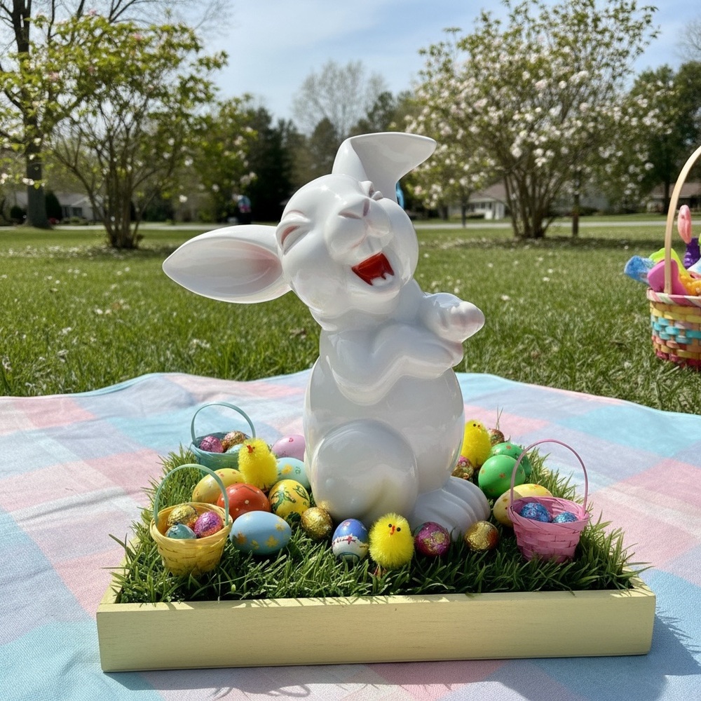 Cracker Barrel Bunny Rabbit Figurine White Glossy Pink Ears Easter Decor